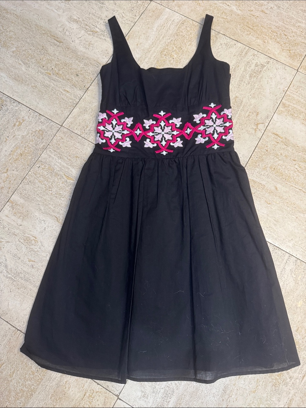 INC International Concepts Black Dress with Pink & White Embroidered Waist